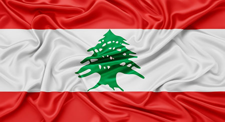 Lebanon flag with silk texture. Country, nation, state of Lebanon. Asian nation banner, national fabric and official symbol.の素材