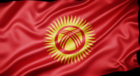 Kyrgyzstan flag waving silk fabric texture with nation symbol. It represents country and republic banner for design element and patriotic symbol.の素材
