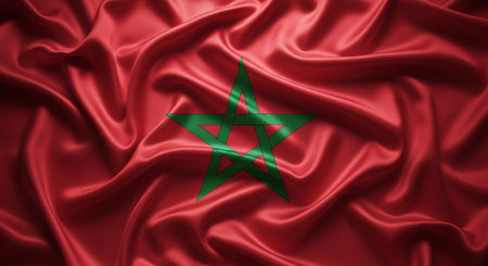 Moroccan flag waving in silk. National patriotic symbol with state pride and background of morocco. Represents culture and identity.の素材