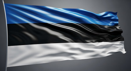 Beautiful realistic Estonia flag waving in wind. Estonia flag is symbol of country patriotism. National symbol blue black white backgroundの素材
