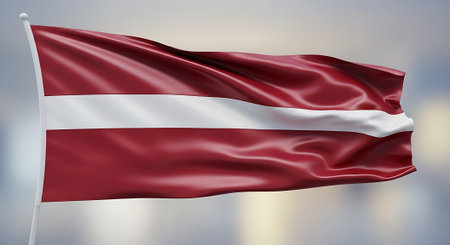 Latvia flag waving. Symbol of Baltic country. National identity, pride, patriotism. Latvia pride. Red and white banner. Baltic nation in Europe.の素材