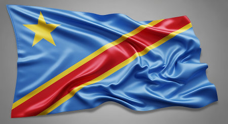 Democratic Republic of Congo flag waving in silk. National patriotic symbol with background. Represents culture, identity, and background.の素材