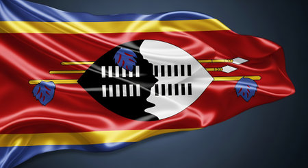 Eswatini flag blowing in wind. Fabric design and country identity. National symbol emblem state. Waving banner fabric texture designの素材