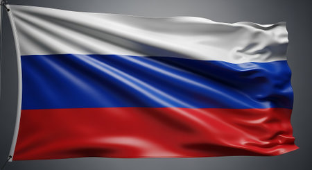 Russian flag waving background. Displays Russia symbol of tricolor white blue and red. Represents Russian national identity.の素材