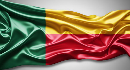 Benin flag. Features silk waving banner background and nation symbol. A great texture representing patriotism and global unity.の素材