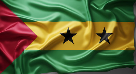 Sao Tome and Principe flag. Country symbol waving in fabric. Sao Tomean national ensign represents identity patriotism country state nation.の素材
