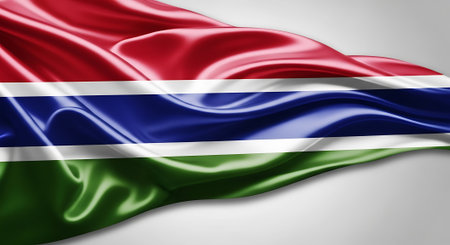 Gambian flag waving silk texture.  Banner background design patriotic nation government symbol, country, culture, patriotism, red, white, blue and green.の素材