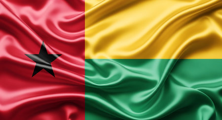 Guinea Bissau flag. Features silk waving banner background and nation symbol. A great texture representing patriotism and global unity.の素材