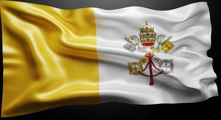 Vatican flag waving silk texture.  Banner background design patriotic nation government symbol, country, culture, patriotism, gold, white and religion.の素材