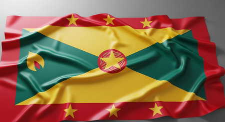 Waving Grenada flag 3D render. National symbol of Grenada. Patriotism and state banner presentation. Realistic fabric rendering flag in Caribbean.の素材