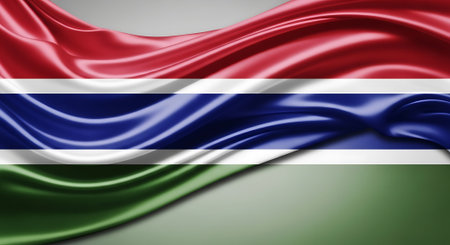 Gambia flag 3D rendering waving. National symbol of Gambia in Africa. Realistic fabric rendering African country banner. Patriotism illustration.の素材