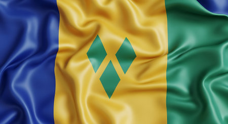 Saint Vincent and the Grenadines flag backdrop with flowing drapery texture. National sign wallpaper. Country ensign background.の素材