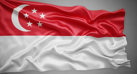 Singapore flag waving texture. Asia country national symbol on a fabric background. Patriotism and international relations concept.の素材