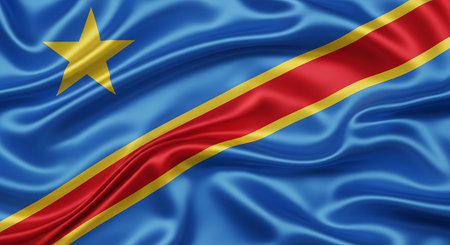 Democratic Republic of Congo flag with silk texture. Country, nation, state. National fabric and official banner of Congo.の素材