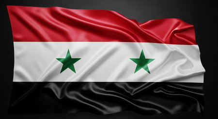 Syria National Flag waving texture backdrop Syrian symbol. Government, Damascus. Country identity, star shape patriotism, syrian cultureの素材