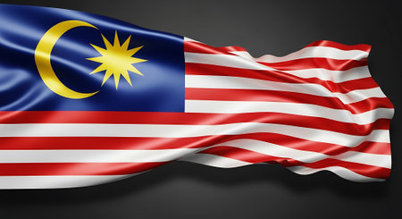 Malaysia flag with realistic waving silk texture. Fabric banner. National patriotic holiday symbol. Country identity sign. Asian nation state.の素材