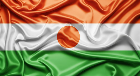 Niger flag waving country national symbol republic of Africa. Fabric texture of banner nation patriotism. Government and geography.の素材