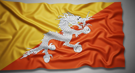 Bhutan flag with yellow orange colors waving. Backdrop represents dragon banner. Shows culture, patriotism and identity.の素材