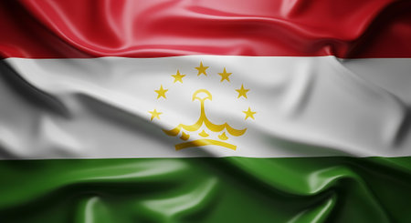 Tajikistan flag silk banner in red, white, and green. Symbolizes travel, patriotism and country identity. Represents Tajik culture and national pride.の素材