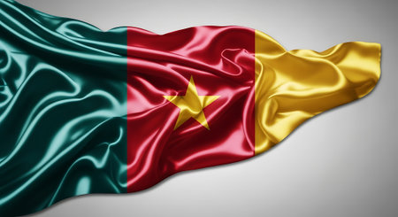 Cameroon flag with green red yellow colors waving. Backdrop banner nation. Shows culture, patriotism and identity.の素材