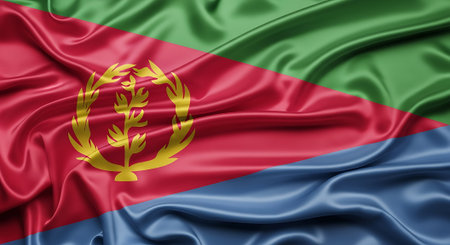 Eritrea flag waving silk fabric texture. Country national patriotic banner design. African state symbol illustration. Nationhood conceptの素材