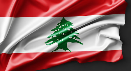 Lebanese flag is vivid patriotic symbol of Lebanon nation. Silk cloth with flag details. National symbol and background, identity of Lebanon.の素材