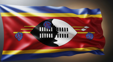 Eswatini flag waving in wind.  National symbol of Eswatini with fabric texture representing africa, nation, culture, or travel. Background.の素材