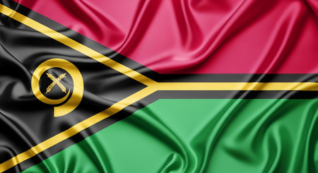 Vanuatu flag waving represents nation state colors symbolic decorative art design emblem patriotic. Banner silk fabric texture close up.の素材