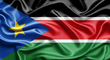 South Sudan flag wavy fabric texture. Symbol of country. National colors. Glossy textile banner South Sudanese identity, patriotism, independence day.の素材
