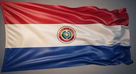 Depicts Paraguay flag. Features red white and blue colors with emblem waving smoothly. Glossy fabric of national symbol. Patriotic background.の素材