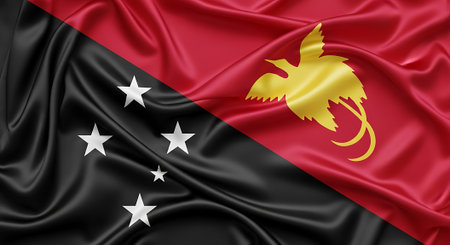 Silk Papua New Guinea flag waving. National Symbolism Independent nation concept. Signifies governance, country identity, beautiful color and design.の素材