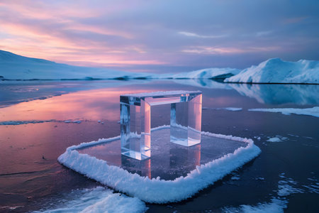 Minimalist clear structure sitting on frozen lake at arctic winter sunset. Abstract geometric pedestal for product presentation. Beautiful cold light background.の素材