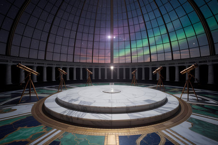 Luxurious marble stage presentation platform. Domed observatory interior wide angle view. Scientific exploration exhibition display.の素材