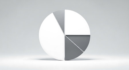 3D render of pie chart diagram isolated on neutral background. Data visualization with gray and white sections for presentations.の素材
