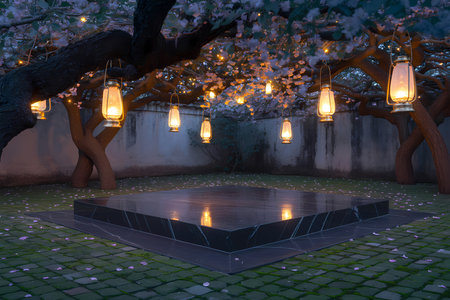 Elegant evening garden stage design. Square platform centered in lush outdoor space. Ambient light from hanging lanterns and illuminated blossoms creates serene atmosphere.の素材