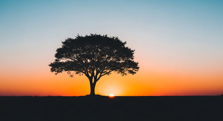 Peaceful scenery with silhouette tree at sunset. Tranquility landscape, nature serene beauty, vibrant colors, and natural beauty.の素材