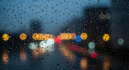 Rain drops on glass Rainy window with blurred city lights at night and bokeh effect. Abstract night rain background texture.の素材