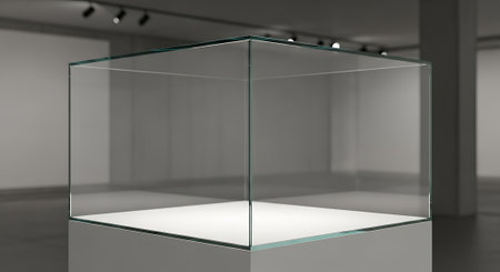 Empty glass display cube in art gallery. Modern clear glass cube on pedestal. Showcase platform for product or artwork. Exhibition space background.の素材