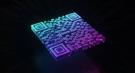Futuristic glowing QR code. Digital technology scan symbol. Modern abstract code design. Futuristic technology business concept illustration.の素材