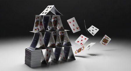 Card house falling apart represents risk instability fragility. Playing cards pyramid structure symbolizes precariousness, chance.  Conceptual photo.の素材