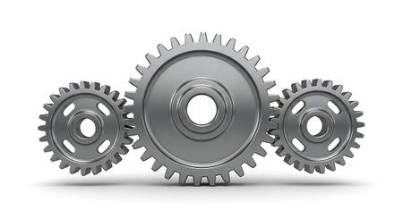 Gear mechanism rotating industrial metalwork engineering concept. Includes teamwork, machine, cogwheel and business. 3D render illustration.の素材