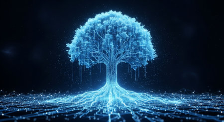 Conceptual design showing digital tree with circuit board roots and branches on black background. Represents technology, innovation, network.の素材