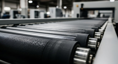 Automated assembly line with industrial roller conveyor belt. Equipment in factory. Conveyor rollers and line detail shot for industrial use.の素材