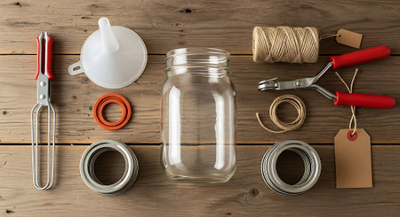 Canning equipment including jar, funnel, lifter, rings and string arranged on wooden background. Food preservation process preparation.の素材
