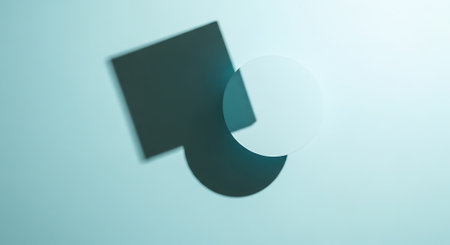 Geometric shapes square and circle on blue background. Abstract composition with shadows. Minimalist graphic design concept for backgrounds and banners.の素材