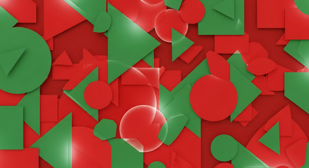 Creative abstract background featuring various geometric shapes in green and red tones. Modern pattern for graphic designs. Minimalist art texture.の素材