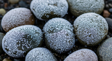 Frosty icy rocks. Nature background. Winter season. Closeup. Cold weather. Stone texture. Outdoor elements. Decorative pattern. Abstract backdrop.の素材