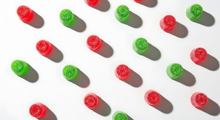 Pattern of red and green round candies on a white background. Delicious sugar sweets. Confectionery texture and backdrop flat lay.の素材