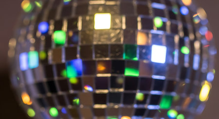 Reflective sphere with shining disco ball, bright reflections. Silver mirrorball with colorful illumination and light effects. Decorative glass sphere.の素材