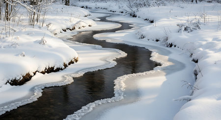 Winter river landscape flowing through snow covered forest with ice edge. Scenic creek in winter season. Tranquil river in nature.の素材